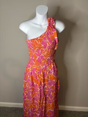 Smocked One-Shoulder Pink & Orange Floral Maxi Dress